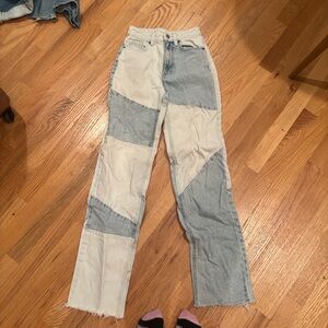 PacSun Blue and Cream Patchwork Straight Leg Jeans